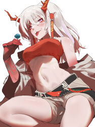 Rule 34 | 1girl, arknights, bandeau, bare shoulders, belt, blush, breasts, brown coat, brown shorts, candy, closed mouth, coat, colored skin, fang, fang out, feet out of frame, food, grey hair, hand up, highres, holding, holding candy, holding food, holding lollipop, horns, lollipop, long hair, looking at viewer, medium breasts, midriff, navel, nian (arknights), off shoulder, pointy ears, ponytail, raneblu, red eyes, red skin, short shorts, shorts, sidelocks, skin fang, solo, tongue, tongue out, twitter username, white background
