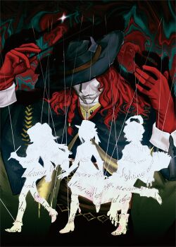 1boy 3girls aleph_(reverse:1999) black_cape black_hat cape conductor_baton covered_face cracked_mask dark_background gloves hands_up hat highres holding_baton long_hair merlin_(reverse:1999) multiple_girls puppet_strings recoleta_(reverse:1999) red_gloves red_hair reverse:1999 silhouette sonetto_(reverse:1999) vertin_(reverse:1999) walking white_mask yasekiro