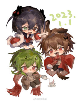 1girl 2023 2boys animal_ears aoi_(aoi_(cariiiie)) aoi_(cariiiie) barefoot black_bow black_hair black_horns black_pants black_sailor_collar black_skirt bone bow brown_coat brown_hair cable_knit chibi chibi_only chinese_commentary coat commentary_request cup dated dog_boy dog_boy_(aoi_(cariiiie)) dog_ears dog_tail fang fur-trimmed_coat fur_trim green-haired_boy_(aoi_(cariiiie)) green_eyes green_hair grey_sweater hair_between_eyes hair_bow hair_ornament hand_in_pocket heterochromia highres holding holding_teapot horns medium_hair mole mole_on_cheek mole_under_eye multiple_boys multiple_moles neckerchief open_clothes open_coat open_mouth original pants pleated_skirt red_coat red_eyes red_neckerchief red_scarf sailor_collar saucer scarf school_uniform serafuku shirt short_hair simple_background skirt skull_hair_ornament smile striped_clothes striped_scarf sweater tail teacup teapot turtleneck turtleneck_sweater v-shaped_eyebrows watermark weibo_watermark white_background white_shirt