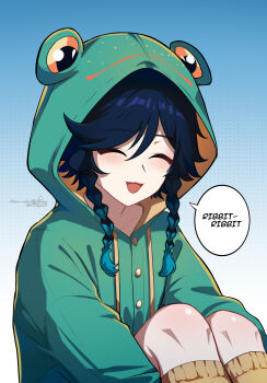 1boy absurdres aqua_hair black_hair blue_hair blush braid brown_socks closed_eyes genshin_impact gradient_background gradient_hair green_hoodie highres hood hood_up hoodie horizontal_pupils lkari_shi long_sleeves male_focus multicolored_hair open_mouth smile socks solo twin_braids venti_(genshin_impact)