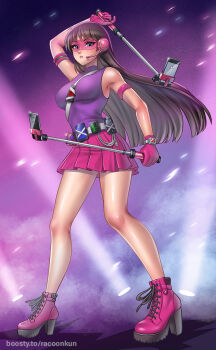 1girl black_hair breasts call_girl cellphone gloves highres large_breasts long_hair looking_at_viewer phone purple_eyes purple_shirt racoon-kun shirt skirt solo south_park wendy_testaburger