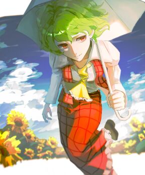 1girl ascot black_shoes blue_sky cloud commentary field flower flower_field frills green_hair highres holding holding_umbrella ichi_(ki_splt) kazami_yuuka light_smile long_sleeves medium_hair parted_lips plaid_clothes plaid_skirt plaid_vest red_eyes red_skirt red_vest shirt shoes skirt sky solo sunflower sunflower_field teeth touhou umbrella vest wavy_hair white_shirt yellow_ascot