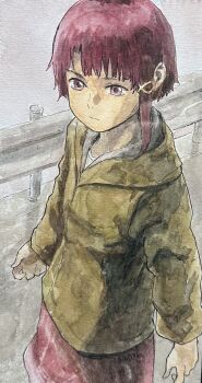 Rule 34 | 1girl, abe yoshitoshi, brown hair, commentary request, expressionless, highres, iwakura lain, jacket, looking to the side, painting (medium), pink eyes, serial experiments lain, short hair, skirt, solo, traditional media, upper body, watercolor (medium)