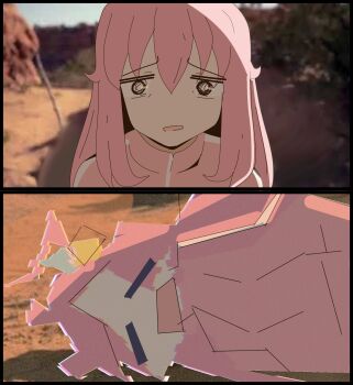 1girl bocchi_the_rock! bread_forbidden breaking_bad closed_eyes cube_hair_ornament gotoh_hitori hair_between_eyes hair_ornament highres jacket long_hair meme open_mouth parody pink_hair pink_jacket scene_reference solo track_jacket walter_white_breaks_down_(meme)