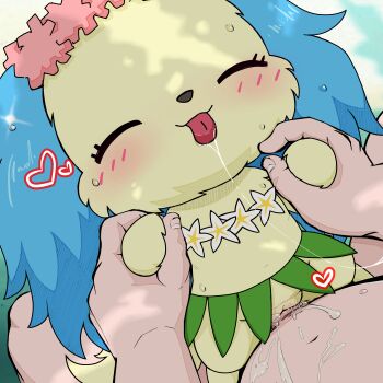1boy 1girl :3 absurdres after_kiss animal_ears animal_nose body_fur chibikemo closed_mouth dappled_sunlight dog_ears dog_girl dog_tail flower flower_necklace furry furry_female furry_with_non-furry glint grass_skirt happy heart hetero highres holding_hands interspecies jewelpet_(creature) jewelpet_(series) jewelry lei necklace pov pussy pussy_juice red_leopard revealing_clothes saliva saliva_trail sapphie_(jewelpet) sex size_difference smile solo_focus sunlight sweat tail tongue tongue_out uncensored vaginal yellow_fur