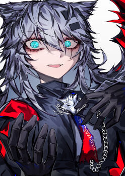 33_gaff @_@ animal_ears aqua_eyes arknights ascot black_gloves chain commentary cropped_jacket gloves hair_between_eyes hair_ornament hairclip lappland_(arknights) lappland_the_decadenza_(arknights) long_hair looking_at_viewer official_alternate_costume open_mouth red_ascot simple_background wolf_ears wolf_girl