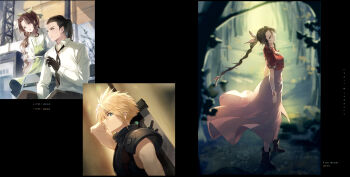 1girl 2boys absurdres aerith_gainsborough aged_down alternate_costume aqua_eyes armor arms_behind_back bangle belt bench bindi black_border black_gloves black_hair black_pants blonde_hair boots border bracelet braid braided_ponytail breasts brown_boots brown_hair buster_sword center_opening cigarette cloud_strife cropped_jacket dress final_fantasy final_fantasy_vii final_fantasy_vii_remake flat_chest forest full_body gloves green_dress green_eyes hair_between_eyes hair_pulled_back hair_ribbon highres holding holding_cigarette holding_sword holding_weapon jacket jewelry kieta long_dress long_hair materia medium_breasts multiple_boys nature neck_ribbon necktie open_clothes pants parted_bangs pauldrons pink_dress ponytail red_jacket ribbon shirt short_hair shoulder_armor sideburns sidelocks single_braid single_pauldron sleeping_forest sleeveless sleeveless_turtleneck smoke smoking sweatdrop sword tree tseng turtleneck upper_body wavy_hair weapon weapon_on_back white_shirt