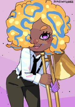 Rule 34 | 1girl, black necktie, black pants, black suspenders, collared shirt, cowboy shot, dark-skinned female, dark skin, highres, instrument, ironicnotsavage, long sleeves, necktie, nintendo, open mouth, orange hair, pants, patterned hair, purple background, shirt, shirt tucked in, signature, smile, solo, splatoon (series), splatoon 3, tao blu, trombone, white shirt