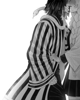 >_< 1boy 1girl 2ixkl18968 absurdres bandages black_hair black_pants black_skirt blunt_ends blush braid breasts clothes_grab couple cowboy_shot grabbing_another's_sleeve greyscale hetero highres iguro_obanai kaburamaru kanroji_mitsuri kimetsu_no_yaiba medium_breasts monochrome multiple_braids pants parted_lips pleated_skirt skirt snake snake_wrapped_around_neck striped_haori sweat white_background white_snake