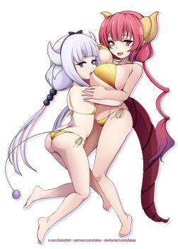 2girls absurdres bikini blue_eyes breasts dragon_girl dragon_horns dragon_tail feet full_body gold_bikini hair_ornament hairband highres horns hug ilulu_(maidragon) kanna_kamui kobayashi-san_chi_no_maidragon lalox large_breasts loli long_hair micro_bikini multiple_girls red_eyes red_hair shortstack simple_background smile swimsuit tail thighs toes twintails white_background