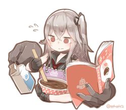 Rule 34 | 1girl, abyssal ship, apron, apupuru, black choker, black gloves, book, bowl, bug, choker, cookbook, crossed bangs, destroyer water oni, extra arms, fly, gloves, grey hair, hair between eyes, hair ribbon, holding, holding book, holding bowl, insect, kantai collection, long hair, milk carton, mixing bowl, one-hour drawing challenge, one side up, pink apron, red eyes, ribbon, simple background, sleeveless, solo, translation request, wavy mouth, white background