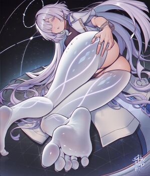 1girl artist_logo ass barefoot black_panties breasts colored_eyelashes commentary feet grey_hair hair_intakes hair_over_one_eye halo highres jacket logo long_hair looking_at_viewer medium_breasts mornye_(wuthering_waves) panties parted_lips partially_visible_vulva prosthesis prosthetic_leg red_eyes sky soles solo space star_(sky) starry_sky tacet_mark_(wuthering_waves) toenails toes underwear variant_set very_long_fingernails very_long_hair white_jacket wuthering_waves xiumu_bianzhou