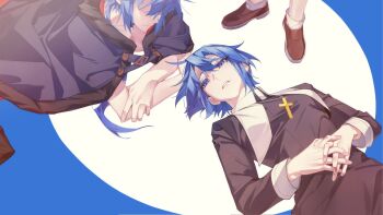 Rule 34 | 1other, 2girls, black dress, blue cloak, brown shoes, character request, ciel (tsukihime), cloak, closed mouth, cross, cross necklace, dress, hair between eyes, highres, jewelry, latin cross, long sleeves, looking at another, looking at viewer, michael roa valdamjong, multiple girls, necklace, out of frame, own hands together, parted lips, partially shaded face, possessed, possession, roa-ciel, shoes, shouzuo, smile, tsukihime, tsukihime (remake)