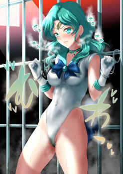 1girl bars bishoujo_senshi_sailor_moon blue_bow blue_bowtie bow bowtie commentary_request cowboy_shot cuffs green_eyes green_hair green_sailor_collar handcuffs highleg highleg_leotard highres in_cell kaiou_michiru leotard looking_at_viewer medium_hair restrained sailor_collar sailor_neptune sen_(sansui) solo steaming_body white_leotard