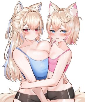 2girls absurdres animal_ear_fluff animal_ears asymmetrical_docking bare_shoulders blonde_hair blue_eyes blue_hair blush breast_press breasts cleavage dog_ears dog_girl dog_tail fuwawa_abyssgard highres hololive hololive_english large_breasts long_hair looking_at_viewer mococo_abyssgard multicolored_hair multiple_girls pingun pink_eyes pink_hair red_eyes short_hair siblings simple_background sisters streaked_hair sweatdrop tail twins virtual_youtuber white_background