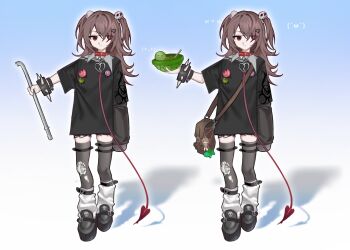 1girl animal_collar bag belt black_shirt black_shoes black_thighhighs bracelet broken_heart broken_heart_hair_ornament closed_mouth collar commentary english_commentary evil_neuro-sama full_body hair_ornament hair_over_one_eye heart highres holding holding_lead_pipe jewelry lead_pipe leg_warmers long_hair long_sleeves marine_(216631) multiple_views neuro-sama platform_shoes red_collar red_eyes shirt shoe_belt shoes shorts shoulder_bag skull_hair_ornament spiked_bracelet spikes standing thigh_belt thigh_strap thighhighs two_side_up vedal_ai virtual_youtuber white_leg_warmers