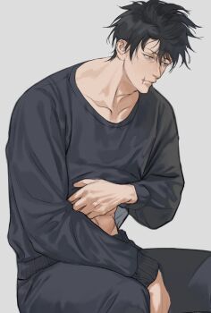 Rule 34 | 1boy, abs peek, adam's apple, black hair, black pants, black shirt, closed mouth, collarbone, commentary request, dry lips, fushiguro toji, highres, jujutsu kaisen, long sleeves, male focus, messy hair, naspibon ox, pants, scar, scar on face, scar on lip, scar on mouth, shirt, short hair, simple background, sitting, solo, waking up, white background