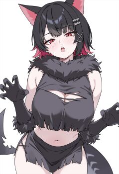 1girl alternate_breast_size_(larger) animal_ear_fluff animal_ears bare_shoulders black_claws black_gloves black_hair black_shirt black_skirt blush breasts claw_pose claws cleavage clothing_cutout colored_inner_hair commentary_request cowboy_shot crop_top crop_top_overhang earclip earrings elbow_gloves ellen_joe fake_claws fins fish_tail fur-trimmed_gloves fur_scarf fur_sleeves fur_trim gloves half-closed_eyes halloween_costume head_tilt highres jewelry large_breasts leaning_forward looking_at_viewer marisasu_(marisa0904) midriff mole mole_under_eye multicolored_hair navel open_mouth razor_blade_hair_ornament red_eyes scar scar_on_tail shark_girl shark_tail sharp_teeth shirt short_hair simple_background skirt solo tail teeth torn_clothes torn_shirt torn_skirt upper_teeth_only werewolf_costume white_background zenless_zone_zero