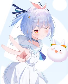 Rule 34 | > <, 1girl, :d, ;), animal ears, blue hair, blush, carrot hair ornament, choker, closed eyes, closed mouth, commentary request, dress, food-themed hair ornament, grey choker, hair ornament, highres, hololive, looking at viewer, one eye closed, open mouth, pekomon (usada pekora), pleated dress, puffy short sleeves, puffy sleeves, rabbit-shaped pupils, rabbit ears, red eyes, riya (01214), short eyebrows, short sleeves, smile, solo focus, symbol-shaped pupils, thick eyebrows, two side up, usada pekora, usada pekora (casual), v, virtual youtuber, white dress, xd