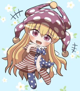 +++ 1girl :d american_flag_dress american_flag_legwear blonde_hair blush chibi chibi_only clownpiece commentary_request fairy_wings fang flower_symbol full_body furrowed_brow hair_between_eyes hat highres jester_cap long_hair looking_at_viewer neck_ruff no_shoes open_mouth pantyhose pink_eyes polka_dot_headwear purple_hat rokugou_daisuke short_sleeves signature smile solo standing touhou very_long_hair wings