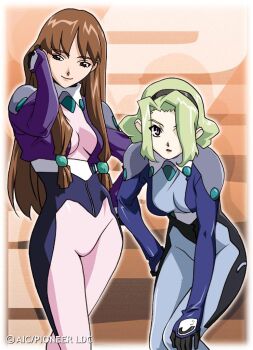 2girls bodysuit brown_eyes brown_hair d_(dual!_parallel_trouble_adventure) dual!_parallel_trouble_adventure green_hair hair_over_one_eye hairband long_hair multiple_girls purple_eyes sanada_mitsuki