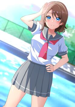 Rule 34 | 1girl, absurdres, blue eyes, blush, breasts, brown hair, commentary request, commission, grey sailor collar, grey skirt, hand on own hip, highres, kisaragi setsu (mssk8485), light blush, looking at viewer, love live!, love live! sunshine!!, medium breasts, necktie, pixiv commission, pleated skirt, pool, red necktie, sailor collar, salute, school uniform, serafuku, shirt, short hair, short sleeves, skirt, smile, solo, tie clip, uranohoshi school uniform, watanabe you, white shirt