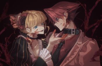 1boy 1girl absurdres beatrice_(umineko) belt_collar black_dress black_flower black_necktie black_rose blonde_hair blood blood_on_clothes blood_on_face blood_on_hands blue_eyes blunt_bangs bow braid breasts choker cleavage clenched_teeth collar crown_braid dress eye_contact flower frilled_choker frilled_sleeves frills furrowed_brow grabbing_another&#039;s_hair hair_bow hair_flower hair_ornament hetero highres holding_another&#039;s_hair injury jacket jinxiaoyimeng looking_at_another necktie partially_shaded_face pink_jacket portrait raised_inner_eyebrows red_hair red_shirt rose shirt short_hair smile striped_clothes striped_dress teeth umineko_no_naku_koro_ni ushiromiya_battler vertical-striped_clothes vertical-striped_dress yellow_trim
