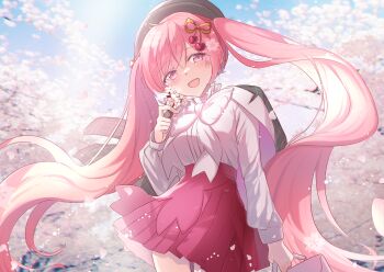 1girl bag black_jacket blossom_(user_ztcy5458) blush cherry_blossoms cherry_hair_ornament falling_petals flower food-themed_hair_ornament grey_hat hair_ornament hat hatsune_miku highres holding holding_bag holding_flower jacket jacket_on_shoulders long_hair long_sleeves looking_at_viewer official_alternate_costume official_alternate_hairstyle open_mouth petals pink_eyes pink_flower pink_hair pink_petals pink_skirt pleated_skirt sakura_miku sakura_miku_(rella) shirt skirt smile solo twintails very_long_hair vocaloid white_shirt