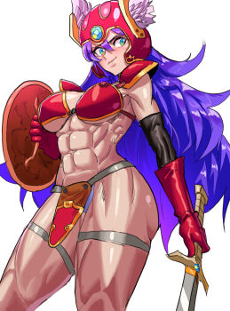 1girl abs armor bikini_armor breasts commentary_request dragon_quest dragon_quest_iii gamjasssak gloves green_eyes highres holding holding_shield holding_sword holding_weapon korean_commentary large_breasts long_hair muscular muscular_female purple_hair red_gloves shield smile solo sword warrior warrior_(dq3) weapon