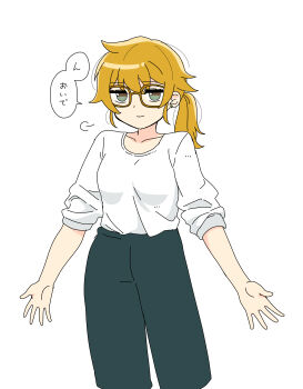 1girl absurdres blue_pants brown-framed_eyewear brown_hair chan_mama closed_mouth commentary_request cowboy_shot earrings eyelashes flat_color glasses highres jewelry jitome long_hair nao_(70_pocky) nintendo pants pokemon pokemon_kids_tv ponytail shirt simple_background sleeves_rolled_up smile solo speech_bubble standing translation_request white_background white_shirt