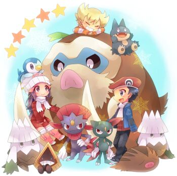 1girl 2boys barry_(pokemon) black_hair black_pants blonde_hair coat fangs gen_2_pokemon gen_3_pokemon gen_4_pokemon grin hat long_sleeves lucas_(pokemon) mamoswine multiple_boys munchlax nintendo pants piplup pokemon pokemon_(creature) pokemon_dppt pokemon_platinum red_coat red_hat scarf shirt shooting428star short_hair smile sneasel snorunt snover star_(symbol) striped_clothes striped_shirt swinub weavile white_hat white_scarf