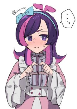 Rule 34 | ..., 1girl, averting eyes, blush, bright pupils, closed mouth, commentary request, cowboy shot, dot (pokemon), dress, frilled dress, frills, hair ribbon, heart, heart hands, highres, karamomo (krmmap), long sleeves, looking to the side, medium hair, nervous, nintendo, pink dress, pokemon, pokemon (anime), pokemon horizons, purple eyes, purple hair, ribbon, solo, spoken ellipsis, straight-on, sweatdrop, twitter username, white background, white pupils