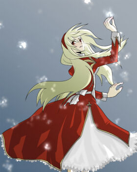 Rule 34 | 1girl, arm up, back bow, blonde hair, blush, bow, commentary request, cowboy shot, dated commentary, dress, grey background, hairband, high priest (ragnarok online), juliet sleeves, layered dress, long hair, long sleeves, looking at viewer, looking back, lowres, oomojiya, puffy sleeves, ragnarok online, red dress, red eyes, red hairband, snowing, solo, two-tone dress, very long hair, white bow, white dress