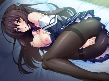 1girl ass bed bed_sheet between_legs black_hair black_pantyhose blush bra bra_pull breasts brown_eyes censored clothes_pull crotch_seam dress female_masturbation fingering fingering_through_clothes fingering_through_panties game_cg grabbing_own_breast hair_intakes hair_ornament hand_between_legs inoino katsuragi_marina kouyoku_senki_exs-tia large_breasts large_variant_set long_hair looking_at_viewer lying masturbation masturbation_through_clothes mosaic_censoring nipple_stimulation nipple_tweak nipples non-web_source off_shoulder official_art on_bed on_side open_mouth panties panties_under_pantyhose pantyhose pillow pink_bra sailor_dress school_uniform skirt solo strap_slip thighband_pantyhose through_clothes tweaking_own_nipple underwear variant_set white_bra white_panties yellow_eyes