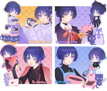 Rule 34 | 4boys, :p, alternate costume, animal, animal ear headwear, animal print, animal slippers, animalization, bag, beret, black boots, black bridal gauntlets, black choker, black coat, black gloves, black hat, black kimono, black pants, black shirt, black slippers, blunt ends, blush, boots, bowl, box, bridal gauntlets, bright pupils, cable knit, candy, casual, cat, cat print, cat slippers, character name, chef hat, chibi, chibi inset, chocolate, chocolate heart, choker, choppy bangs, closed mouth, coat, coat on shoulders, collared shirt, commentary, contemporary, cup, eyelashes, eyeliner, fake animal ears, food, genshin impact, gift, gift box, glint, gloves, gold ring, hair ornament, hairclip, hand on own face, haori, hat, heart, heart-shaped food, heart background, holding, holding animal, holding bowl, holding cat, holding cup, holding gift, holding pen, holding plate, holding whisk, index finger raised, japanese clothes, jitome, kimono, kuronushi (genshin impact), letter, long sleeves, looking at viewer, love letter, makeup, mid-stride, middle ring, mixing bowl, mug, multicolored hair, multiple boys, multiple persona, one eye closed, open collar, open mouth, pants, parted lips, pen, person and animalization, pink ribbon, plate, purple cat, purple coat, purple eyes, purple hair, purple pants, purple sleeves, purple sweater, purple sweater vest, red eyeliner, red haori, ribbon, scaramouche (cat) (genshin impact), scaramouche (genshin impact), scaramouche (kabukimono) (genshin impact), shirt, shopping bag, slippers, smile, streaked hair, sweater, sweater vest, tiniloaf, tongue, tongue out, tsurime, turtleneck, turtleneck shirt, turtleneck sweater, two-sided coat, two-sided fabric, undershirt, untranslatable commentary, wanderer (genshin impact), whisk, white hat, white pupils, white shirt, white sleeves