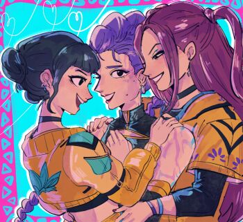 3girls black_hair blue_background blunt_bangs body_markings braid braided_ponytail choker commentary cropped_jacket double_bun earrings freckles hair_bun highres hug hug_from_behind jacket jewelry kpop_demon_hunters long_hair ministarfruit mira_(kpop_demon_hunters) multiple_girls pink_hair purple_hair rumi_(kpop_demon_hunters) short_bangs sidelocks smile twintails yellow_jacket zoey_(kpop_demon_hunters)