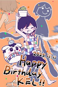 3boys :3 :d ^_^ animal animalization arms_up back-to-back bare_arms bare_legs bare_shoulders barefoot black_eyes bright_pupils brown_hair cactus checkered_clothes checkered_shirt closed_eyes closed_mouth commentary_request confetti dark-skinned_male dark_skin dog double-parted_bangs flower_pot full_body grin hair_behind_ear hector_(omori) highres holding holding_flower_pot kel_(faraway)_(omori) kel_(headspace)_(omori) kel_(omori) looking_ahead male_focus multiple_boys multiple_persona octopus_boy okudo61_omori omori open_mouth orange_background orange_shoes orange_shorts orange_tank_top outline person_and_animalization plant potted_plant purple_hair purple_shorts rock shirt shoes short_hair shorts simple_background sleeveless sleeveless_shirt smile solid_circle_eyes solo_focus standing standing_on_one_leg tank_top toes v-shaped_eyebrows white_dog white_eyes white_outline white_pupils