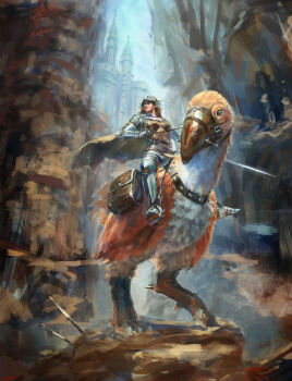 1girl absurdres armor armored_boots bird boots breastplate brown_cape canyon cape castle commentary_request fins full_body gauntlets head_fins highres holding holding_sword holding_weapon knight_(ragnarok_online) looking_afar oldmanpushcar outdoors painterly pauldrons peco_peco ragnarok_online realistic riding riding_bird saddle short_hair shoulder_armor solo stirrups_(riding) sword visor_(armor) weapon