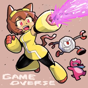1girl :d animal_ears arm_cannon breasts brown_background brown_eyes brown_hair cat_ears cat_girl cat_tail commentary_request copyright_name dark-skinned_female dark_skin dinosaur dress fang furry furry_female gameoverse gobbles_(gameoverse) goggles goggles_on_head kaboodle_(gameoverse) kit_bodega open_mouth red_eyes robot simple_background sleeveless smile tail takurada weapon whiskers yellow_dress yellow_gauntlets