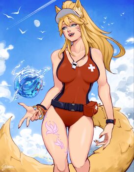 Rule 34 | 1girl, ahri (league of legends), animal ears, bare shoulders, belt, blonde hair, breasts, covered navel, day, facial mark, fox ears, fox girl, fox tail, green (greeniris), highres, large breasts, league of legends, lifeguard, long hair, looking at viewer, nail polish, outdoors, solo, tail, water, whisker markings