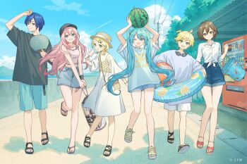 2boys 39 4girls :p ahoge aqua_eyes aqua_hair aqua_nails aqua_shirt bag ball baseball_cap bass_clef beachball belt black_belt black_hat black_shirt black_shoes blonde_hair blue_eyes blue_hair blue_shirt blue_shorts blue_skirt boater_hat braid breasts brown_bag brown_eyes brown_hair bucket camisole choppy_bangs closed_mouth cloud collared_shirt company_name contrail copyright_notice crop_top cross-laced_shoes denim denim_skirt double-parted_bangs dress everyone fishnet_top fishnets flip-flops food food_print fruit fruit_print full_body goggles goggles_around_neck green_eyes grey-tinted_eyewear grin group_picture hair_ornament hairclip hand_fan hands_up hat hat_ribbon hatsune_miku highres holding holding_above_head holding_bag holding_ball holding_beachball holding_bucket holding_fan holding_food holding_popsicle holding_swim_ring horizon innertube jersey jewelry kagamine_len kagamine_rin kaito_(vocaloid) long_hair looking_at_viewer medium_breasts medium_hair megurine_luka meiko_(vocaloid) melting_popsicle mesh midriff mountainous_horizon multiple_boys multiple_girls nail_polish necklace number_print ocean official_art one_eye_closed one_side_up open_mouth orange_nails outdoors oversized_clothes oversized_shirt paper_fan parted_bangs pendant pineapple_print pink_hair pink_nails popsicle red_shoes ribbon sako_(35s_00) sandals see-through_bag shadow shirt shirt_tucked_in shoes short_hair short_shorts short_sleeves shorts shoulder_bag skirt sky sleeveless sleeveless_shirt small_breasts smile spaghetti_strap sports_sandals sportswear standing standing_on_one_leg straw_hat sweatdrop swept_bangs swim_goggles swim_ring tank_top three-quarter_sleeves tied_shirt tinted_eyewear toenail_polish toenails tongue tongue_out tree tree_shade twin_braids twintails uchiwa utility_pole vending_machine very_long_hair vocaloid walking watermelon white_dress white_ribbon white_shirt white_shorts white_tank_top wing_collar wristband yellow_camisole yellow_shoes