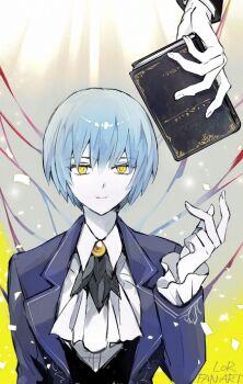 1boy 1girl angela_(project_moon) arm_up ascot blue_coat blue_hair blue_suit book closed_mouth coat colored_skin commentary_request eyelashes formal_clothes grel_(r6hgvu5) holding holding_book library_of_ruina light_smile project_moon roland_(project_moon) short_hair suit white_ascot white_skin yellow_eyes yellow_pupils