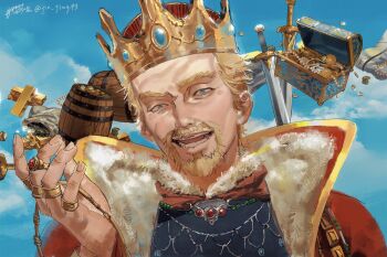 1boy askeladd barrel beard blonde_hair blue_eyes blue_sky cape cloud commentary connected_beard crown facial_hair highres jewelry jing_wen looking_at_viewer male_focus mature_male necklace open_mouth outdoors ring short_hair sky smile solo sword treasure_chest uneven_eyes upper_body vinland_saga weapon