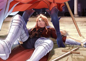 Rule 34 | 1boy, 1girl, armor, between legs, boots, cape, closed mouth, commentary, couple, defeat, dress, edelgard von hresvelg, edelgard von hresvelg (timeskip), english commentary, ferdinand von aegir, ferdinand von aegir (timeskip), fire emblem, fire emblem: three houses, floof n wool, from behind, hair between eyes, heart, hetero, highres, knees up, light blush, light smile, long hair, looking up, lower body, lying, messy hair, nintendo, official alternate costume, on back, on ground, orange eyes, orange hair, outdoors, red dress, shade, shadow, smirk, standing, sword, upper body, view between legs, wavy hair, weapon, wide-eyed, wooden sword