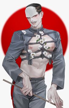 Rule 34 | 1boy, absurdres, black hair, clothing cutout, commentary request, facial hair, flower, forehead protector, goatee, golden kamuy, haemsik, highres, korean commentary, long sleeves, looking at viewer, male focus, mustache, nipples, pectorals, poppy (flower), short hair, smile, solo, teeth, tsurumi tokushirou, white flower
