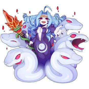 1girl ahoge blue_hair breasts chibi chibi_only curtained_hair drill_hair full_body large_breasts long_hair looking_at_viewer navel official_art open_mouth ragnarok_online red_eyes simple_background snake solo transparent_background white_snake witch_zilant yuichirou