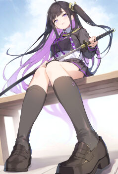 1girl ahoge black_hair black_shirt black_shoes black_skirt black_socks chitose_(stella_sora) highres holding holding_sheath holding_sword holding_weapon layered_shirt long_hair looking_at_viewer miya_kazutomo pleated_skirt purple_eyes purple_hair sheath shirt shoes side_ponytail skirt smile socks solo stella_sora sword weapon white_shirt