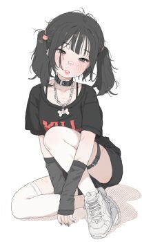 1girl arm_warmers bandaid bandaid_on_face bandaid_on_nose belt belt_collar black_arm_warmers black_collar black_eyes black_hair black_nails black_shirt black_shorts bone_necklace chain chain_necklace choker clothes_writing collar collarbone commentary ear_piercing english_commentary face_piercing full_body hair_ornament highres jewelry jirai_kei lip_piercing medium_hair messy_hair mole nail_polish necklace original piercing possummachine scar self-harm_scar shirt shoes short_sleeves shorts simple_background sneakers solo thigh_belt thigh_strap thighhighs twintails white_background white_shoes white_thighhighs