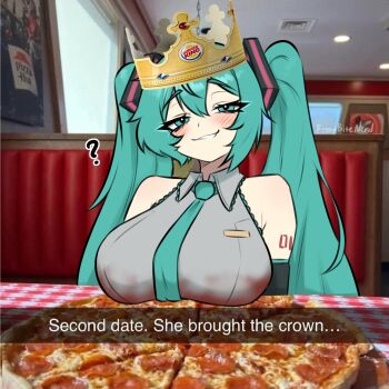 Rule 34 | 1girl, ?, aqua eyes, aqua hair, aqua necktie, artist name, bare shoulders, blue eyes, blue hair, blush, breasts, burger king crown, detached sleeves, dirty, dirty clothes, english text, food, frostbitenerd, hair ornament, hatsune miku, highres, indoors, large breasts, long hair, looking at viewer, necktie, number tattoo, pizza, pizza hut, shirt, sleeveless, sleeveless shirt, smile, tattoo, twintails, very long hair, vocaloid
