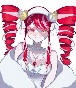 bare_shoulders breasts cleavage coat colored_skin dress drill_hair grey_skin heterochromia hololive hololive_indonesia jewelry kureiji_ollie kureiji_ollie_(mafia_princess) long_hair looking_at_viewer medium_breasts missamango red_eyes red_hair stitches symbol-shaped_pupils twin_drills upper_body white_background white_coat white_dress x-shaped_pupils yellow_eyes zombie_girl